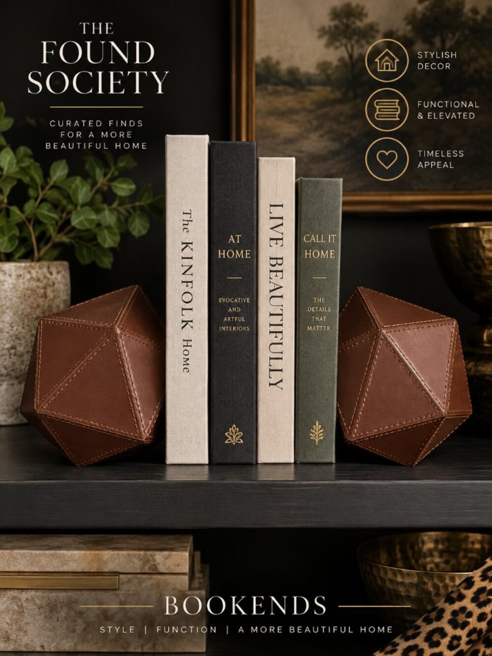 Brown Stitched Geometric Bookends Set of 2 Leather Look Library Decor